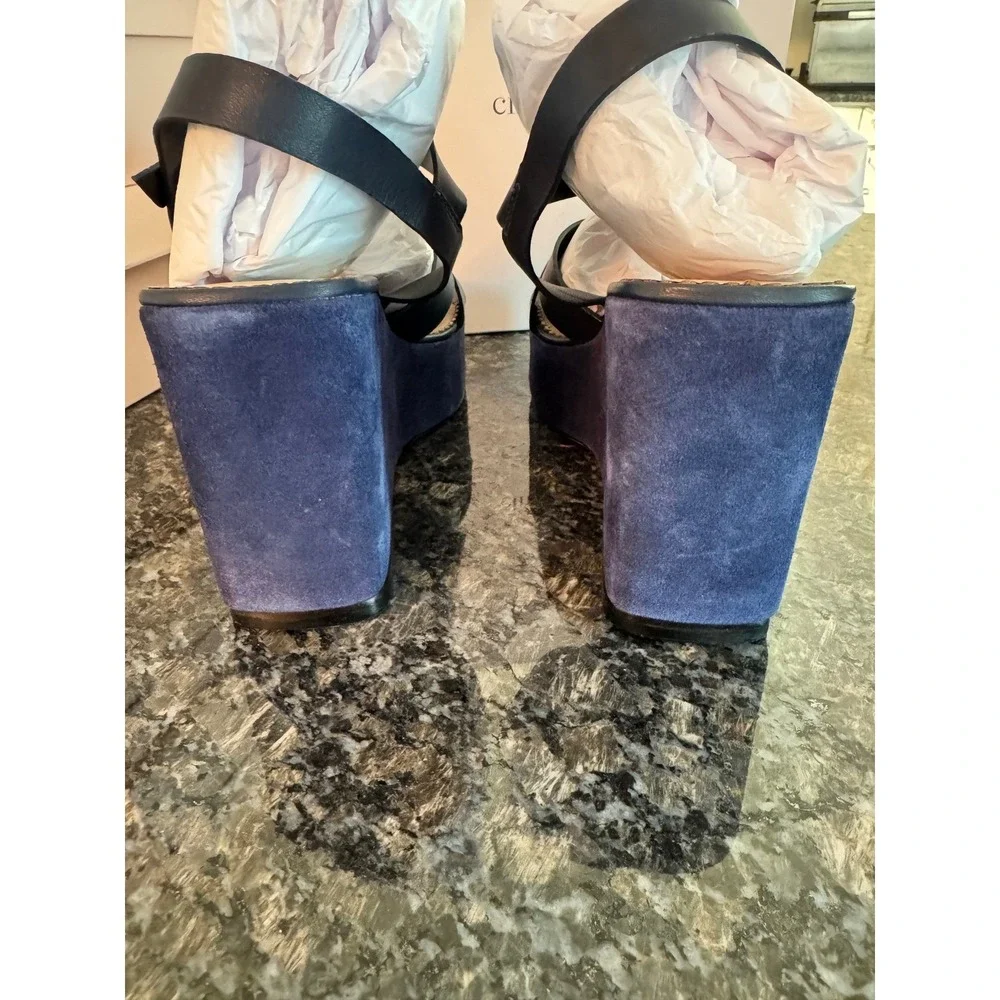 Cinq a Sept Sasha Vachetta Navy Leather Suede Wedge Sandals SS087L10132Z Size 40